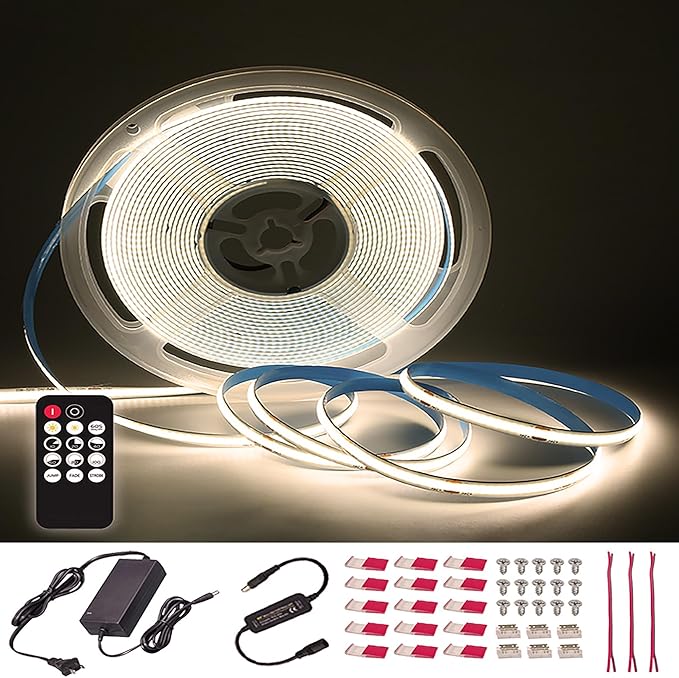 50ft 4000K DC 24V COB LED Strip Light ETL Listed, 0-100％ Brightness Dimmable Bright Warm White Led COB Strip Light, Led Strip Light for Stair, Cabinet, Room(Include AD/DC Adapter and Remote)