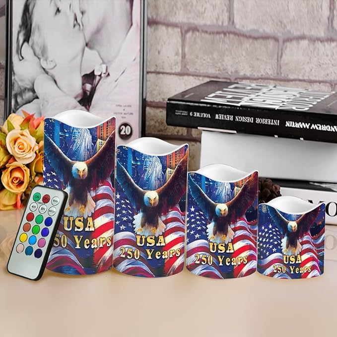 American Flag Fake Candles Bald Eagle Fourth of July LED Candle Battery Operated Flickering Remote 250th Anniversary Patriotic Decor for Bedroom Wedding Restaurant, 4 Pack