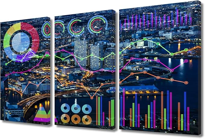 TUMOVO 3 Pieces Modern Smart City and Information Technology Abstract Paintings Black and White Wall Media ArtVarious Charts Pictures Rustic Home Decor Modern Home Decor Ready to Hang (36" Wx24 H)