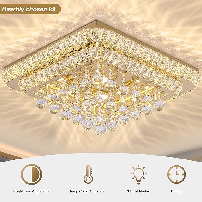 REDSTAR 24" Gold Crystal Ceiling-Light Flush Mount with Remote and APP, 3 Colors Temp & Brightness Adjustable, Modern Crystal Raindrop Chandeliers for Bedroom Hallway Dinning and Living Rooms-Square