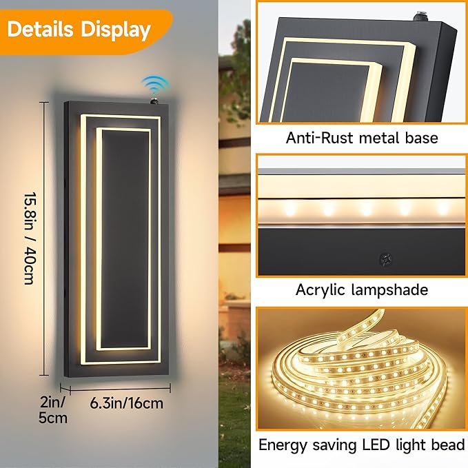 Dusk to Dawn Outdoor Wall Light,15.7 in Black Exterior Light Fixtures,2-Tier Waterproof Modern Outside Lights for House,Porch,Garage,Front Door,Patio with 24W 3000K Warm White Light,1 Pack