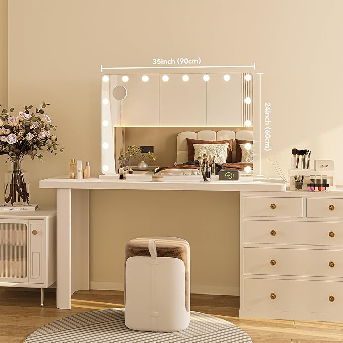 Hasipu Vanity Mirror with Lights 35" x 24", Makeup Mirror with Lights and Magnification, Hollywood Mirror with 3 Color Modes, LED Make up Mirror, Light up Mirror with USB & Type-C Charging