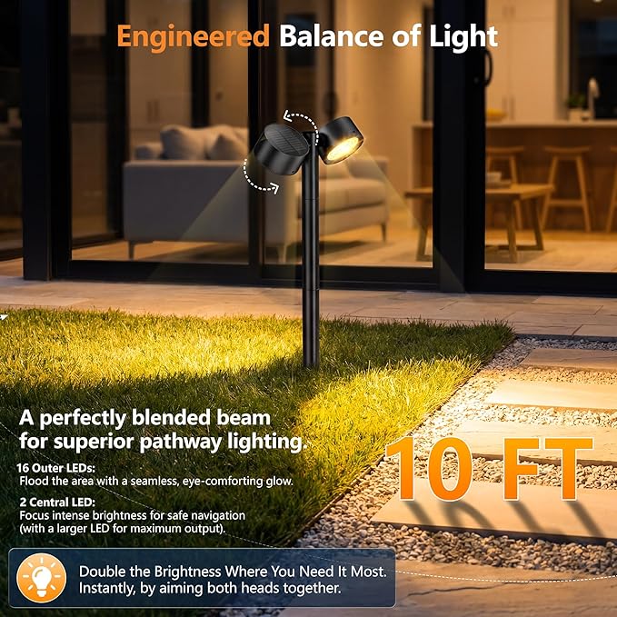 24 Inch Tall Solar Pathway Lights Outdoor, 2X Brighter & 150° Adjustable Dual-Head, IP65 Waterproof, Up to 15Hrs Auto On/Off Solar Landscape Path Lights for Yard Garden Driveway, 4 Pack
