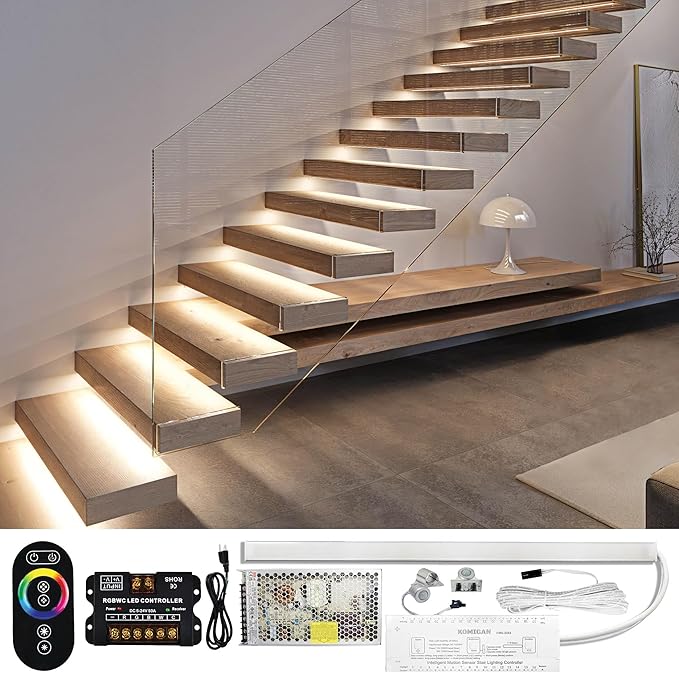 PARMIDA Intelligent Motion Sensor LED Indoor Stair Lighting Kit, RGB & 5CCT Color Selectable, 24" Aluminum Light Bars, Staircase Cascading Style, Remote Control, Dimmable, UL Driver, 150W - 16 Steps