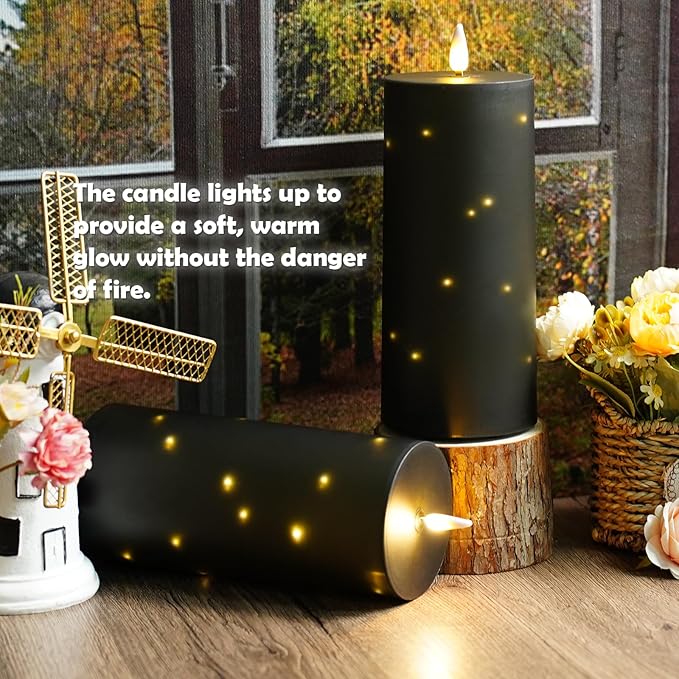 10" x 4" Large Outdoor Waterproof Flickering Flameless Candles with Timer,2Pcs Battery Operated LED Pillar Candles with Embedded Star String for Outdoor Lanterns,Porch,Patio Decor(Black)