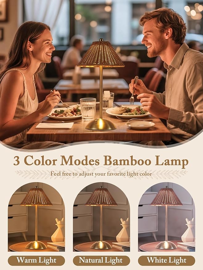 Boho Rattan Table Lamp,Wicker Night Light,LED Rechargeable Reading Lights,3 Color Touch Control Dimmable Bedside Lamps Living Room Bedroom Office Lighting Home Outdoor Decor