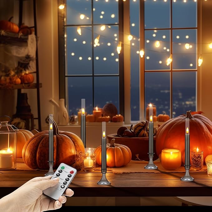 Flameless Taper Candles with Remote and Timer, Battery Operated Window Candles, 6 Pack LED Acrylic Candlesticks with Holders for Home Decor, Christmas Window Decor