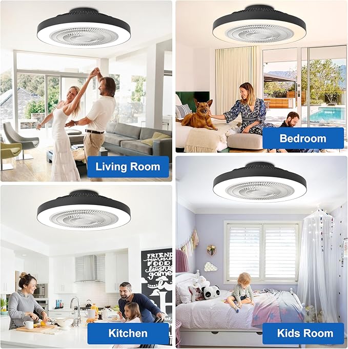Depuley Modern Ceiling Fan with Light: 19" Flush Mount Low Profile LED Ceiling Fans with Remote & Smart APP Control - Black Bladeless Fandelier Dimmable Quiet DC Motor for Bedroom Kids Room 6 Speeds