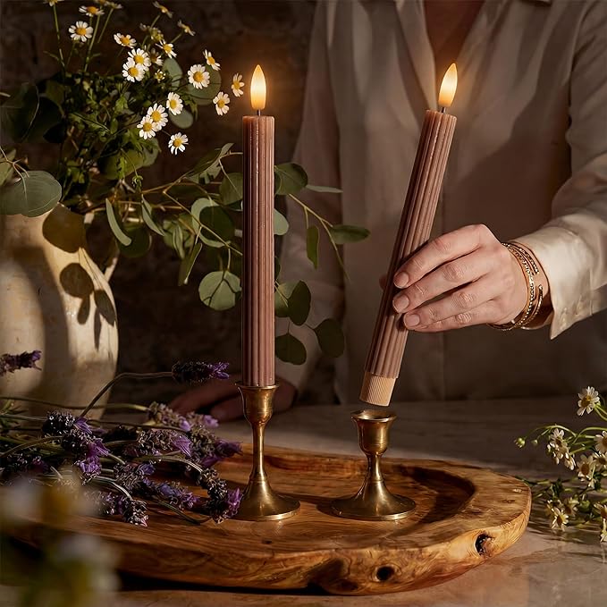 12 Pack, 10" LED Flameless Brown Tan Fluted Ribbed Grooved Taper Candles w/ 2 Remotes & 24h Timer Memory, On/Off Button, Dimmable, Flicker Mode, Battery Operated, Christmas Menorah Wedding