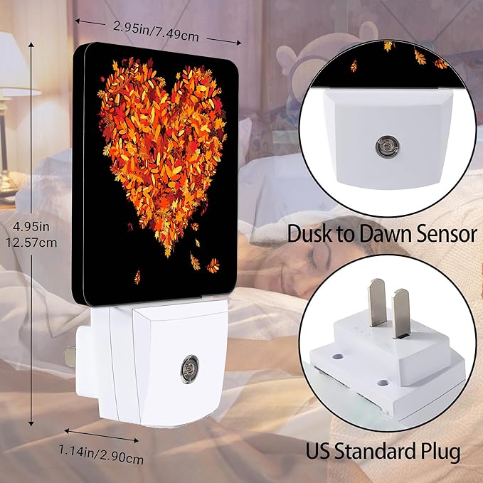 Autumn Art Hearts Night Light Plug in Wall Lamp Smart Dusk to Dawn Sensor for Home Decorative, Kids Room Bedroom Bathroom Kitchen Hallway Gifts