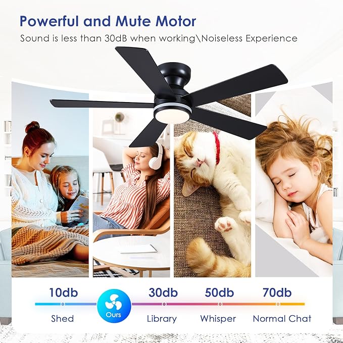 Black RGB Ceiling Fans with Lights - 46" Flush Mount Ceiling Fan with Remote APP, RGB+3CCT Dimmable Led Light, Reversible 6 Wind Speeds&2H Timer, Low Profile Modern Fan Light Fixture for Bedroom Party