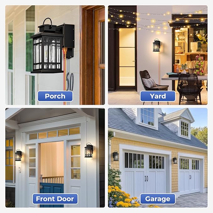 2-Pack Outdoor Wall Light with GFCI Outlet, Black Exterior Lighting Fixtures with Gold Trim, Dusk to Dawn Outdoor Lights for House Garage Coach, Outside Light with Outlet, Aluminum, Hardwired