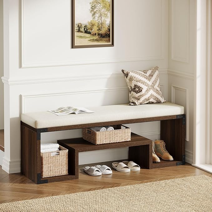 Tribesigns Shoe Storage Bench with Cushion, 47" Entryway Bench with Storage Shelf and Removable Padded Seat for Entryway, Hallway, Living Room, Bedroom, Vintage Brown
