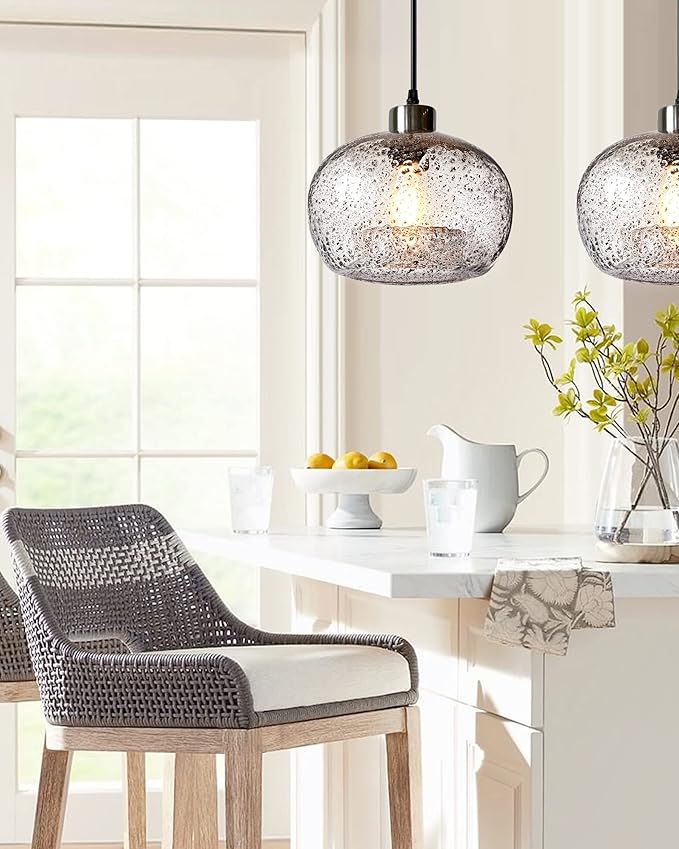 CASAMOTION Pendant Lighting Handblown Glass Drop Ceiling Lights, Modern Rustic Hanging Light Clear Seeded Glass with Black Sand Powder, Brushed Nickel Finish 8.7 Inch Diameter