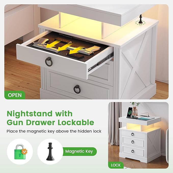 HNEBC Night Stand with Gun Drawers, Farmhouse Nightstand with Charging Station, Secret Bedside tabel with 3 Color Auto Light, Smart End Table with Hidden Storage for Bedroom Furniture-White