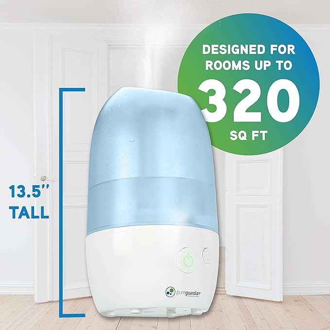 PureGuardian Ultrasonic Cool Mist Humidifier with Aromatherapy Tray, 70-Hour Run Time, 1-Gallon Tank Capacity, 320 Sq. Ft. Coverage for Small Rooms, Quiet Operation, H975AR