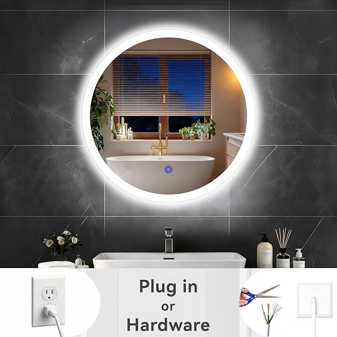 20“ x 20” LED Bathroom Smart Mirror, Round Mirror with Three Color Light Temperature Brightness Settings,Backlit + Front Lit,Wall-Mounted Vanity Mirror with Memory Function