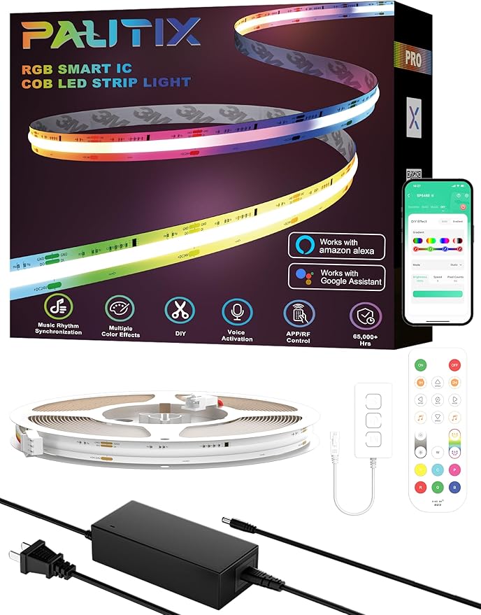 PAUTIX RGB Smart IC COB LED Strip Lights,Work with Alexa/Google Assistant,24ft/7.5m,720LEDs/m Addressable UL-Listed 24V Chasing Color Flexible Tape Light,for Cabinet,TV,Bedroom,Party DIY Decoration