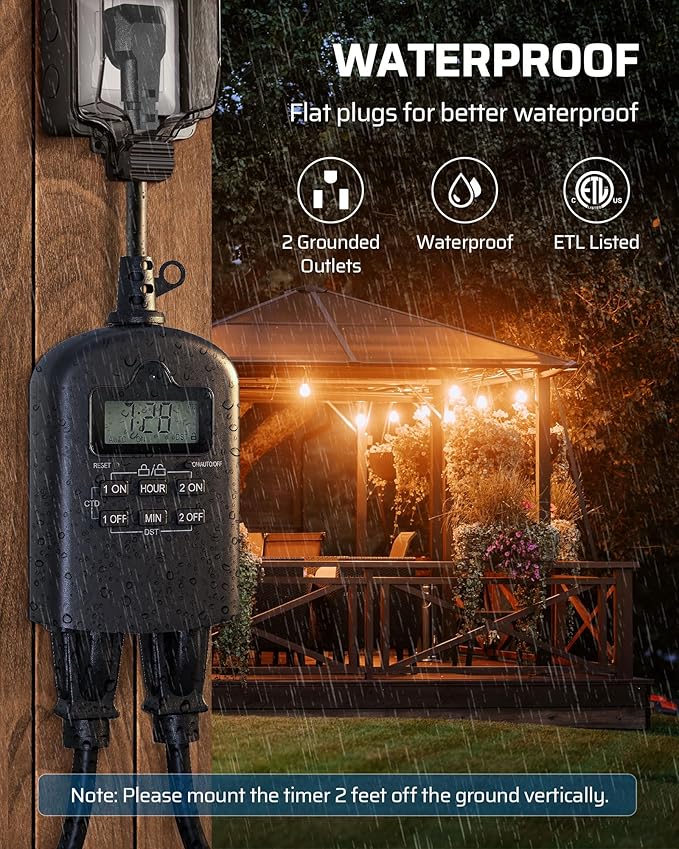 DEWENWILS Outdoor Timer Outlet Waterproof, Outdoor Digital Timer for Lights, Programmable with 2 Grounded Outlets, for Home and Garden, 15A, 1/2HP, Heavy Duty, ETL Listed