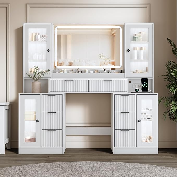 55" Vanity Desk with Mirror & Lights, Fluted Makeup Vanity with 8 Drawers & 4 Cabinets, Tempered Glass Top, RGB Cabinet Lighting, 3-Color Dimmable Mirror, and Charging Station