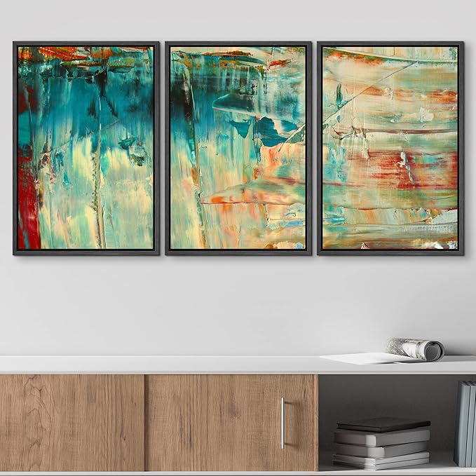 wall26 Framed Canvas Print Wall Art Set Thick Teal, Tan & Orange Paint Color Field Abstract Shapes Illustrations Modern Art Chic Colorful Ultra for Living Room, Bedroom, Office - 24"x36"x3 Black