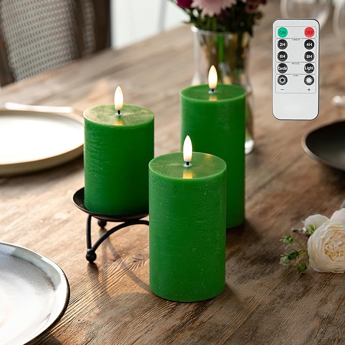 LUSHABOR Green Flameless Candles, Battery Operated Candles for St. Patrick’s Day, Real Wax LED Fake Candles for Spring Decor Party Centerpiece Green Set of 3