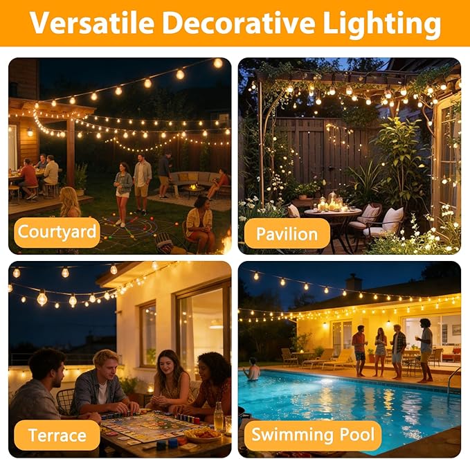 Smart Outdoor String Lights, 100FT ST38 LED Patio Lights with Timer Remote APP Control, 42 Shatterproof LED Bulbs (2 Spare), Dimmable Waterproof Hanging Light for Backyard Porch Party Decor