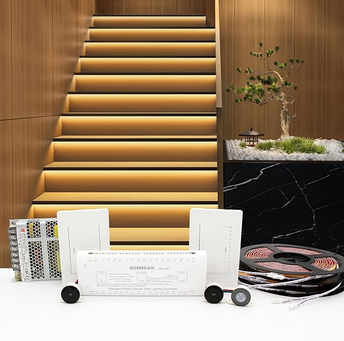 KMG-3233 Motion-Activated LED Stair Lighting Kit with Wall Switch, 40" Long Cuttable LED Strip Light for Indoor LED Stair Lights (Warm White 3000K, 16 Stairs)