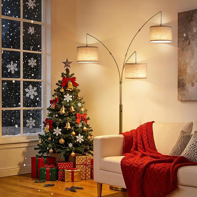 Gold Floor Lamps for Living Room, Super Bright Arc Floor Lamp with Remote Control, 3 Light Tall Floor Lamps with Stepless Dimmable, 80" Mid Century Tree Floor Lamp for Bedroom, Office