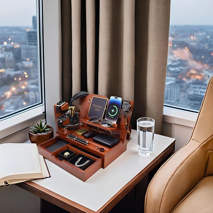 Nightstand Organizer for Men with Large Drawer, Wood Phone Docking Station for Phone, Apple Watch, Wallet & Keys, Ideal Birthday Gift for Father Husband, Bedside Desk Organizer (Walnut)