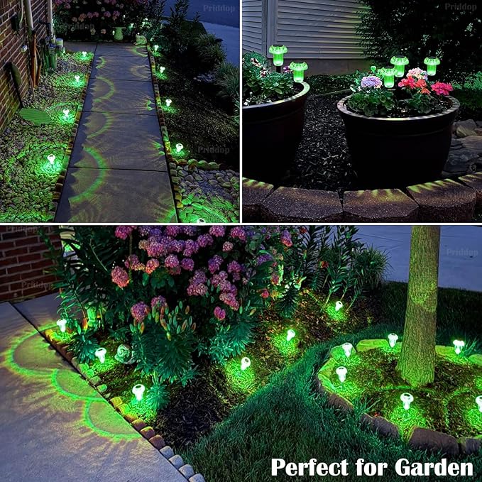 Solar Lights Outdoor Pathway Waterproof 8 Pack Green LED Green Stake Acrylic Mushroom Decorative Garden Lights for Yard Landscape Patio Outside Decorations