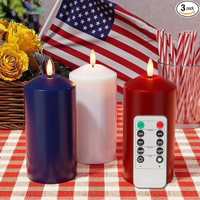 Patriotic Red White and Blue Candles, Real Wax Flameless Pillar Candles with Remote, 4th of July Led Candles, Independence Day Flameless Candles for Patriotic Decor, 3 Pack (D 3" x H 6")