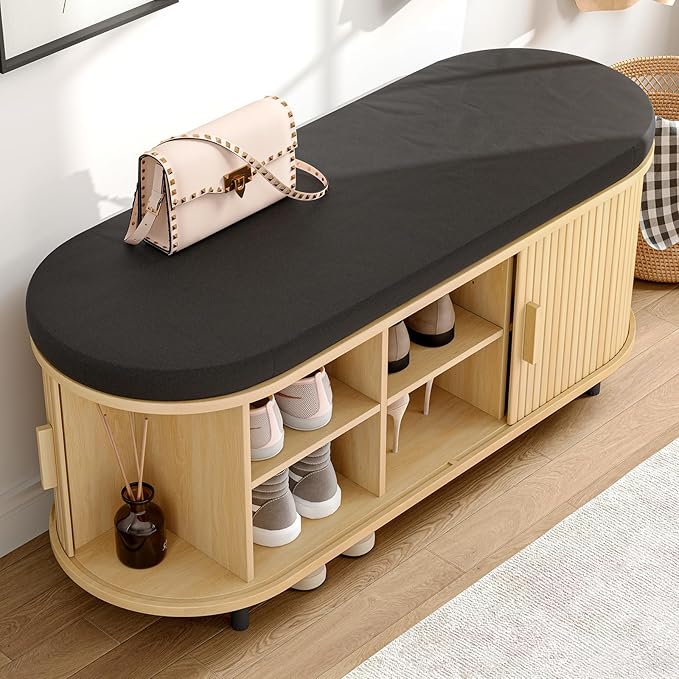 ONBRILL 43" Shoe Bench with Storage, Fluted Shoe Storage Bench with Cushion, Sliding Door and Adjustable Shelf, for Entryway, Hallway, Living Room, Oak