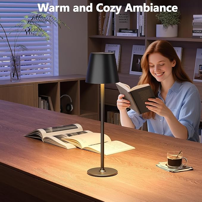 2-Pack Cordless LED Table Lamps, Touch Dimmable Bedside Night Lights, Rechargeable USB, Full Metal Body, Dual Battery, IP54 Waterproof – Black