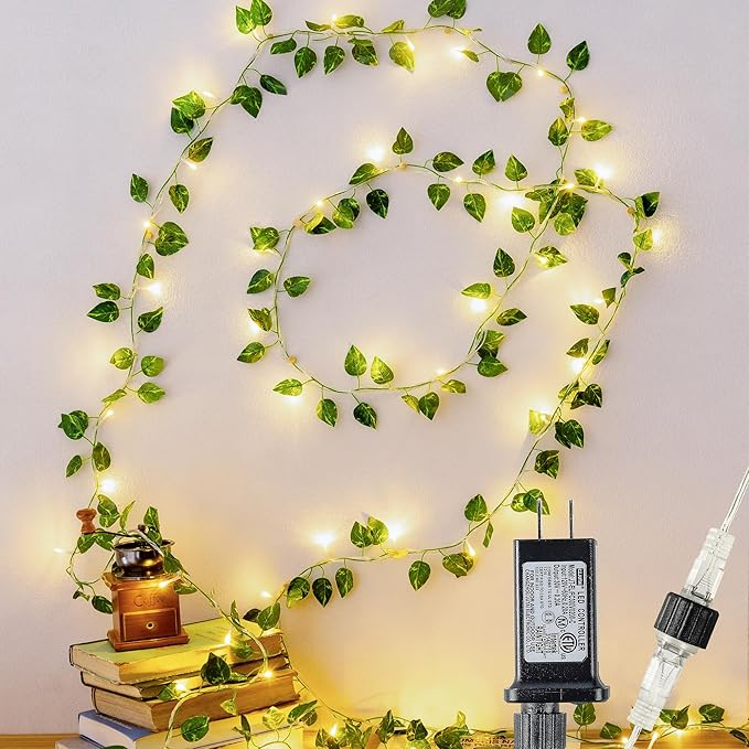 HEYFUNi Vines with Lights, 23 Ft 73 Led Faux Pothos String Lights Plug in, Leaf Lights for Bedroom, Wall, Balcony, Wedding Decor, Warm White