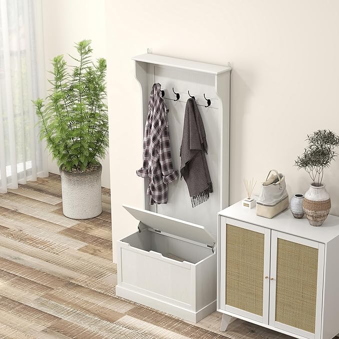 HOMCOM Hall Tree with Bench and Shoe Storage, 3-In-1 Entryway Bench with Coat Rack, 4 Hooks and Flip Top Storage Compartment, Cream White