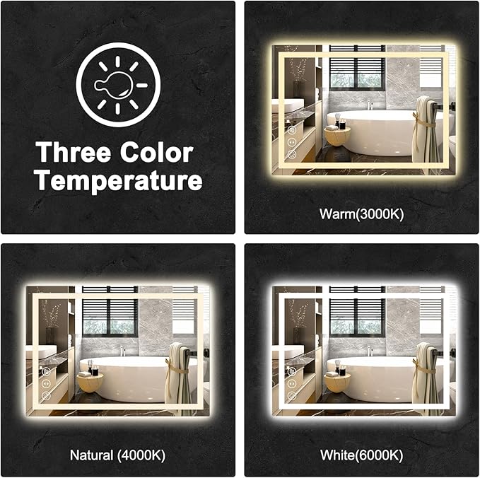 48x36 LED Bathroom Mirror with Lights, Anti Fog Vanity Mirror Wall Mounted, Dimmable Front Light and Backlight, Memory Function Tempered Glass, Shatter Proof ETL Listed