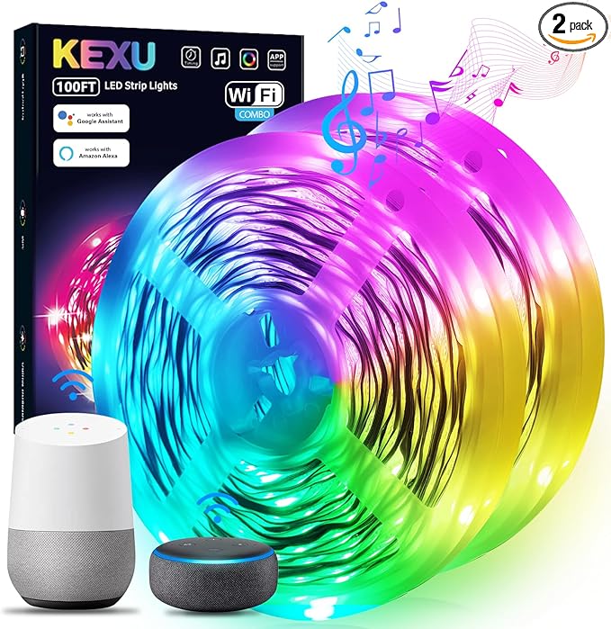 KEXU LED Lights for Bedroom 100 ft Voice Control Smart WiFi LED Lights Compatible with Alexa Google Home Music Sync Color Changing LED Strip Lights for Room Décor…
