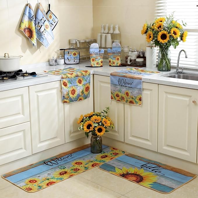 Fourluoo 10 Pcs Sunflower Kitchen Decor Set Sunflower Kitchen Towels and Rugs Oven Mitts and Pot Holders Farmhouse Decor for Women Mom Gift Cooking Baking Grilling