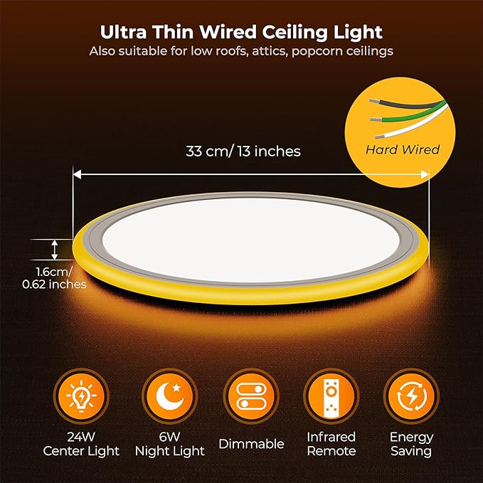 BLNAN 13in LED Flush Mount Ceiling Light Fixture with Remote Control, Dimmable Night Light 2000K, 3000K-6500K 24W Wired Low Profile Light for Bedroom, Kitchen, Living Room, Round White