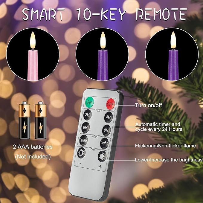 Flamelss Advent Candles, 9.6" Real Wax Flameless Taper Candles with Remote, 4 Pack Flickering LED Candle Battery Operated Candlesticks for Christmas, Catholic, Advent, Wreath, Purple and Pink
