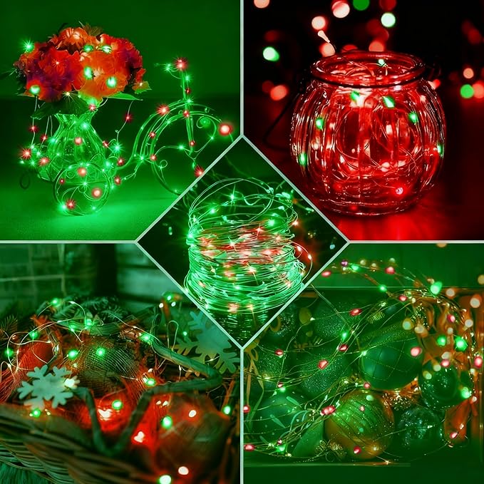 Aogist 12 Pack Fairy Lights 3 Modes 7ft 20 LED Waterproof,Battery Operated Silver Wire Firefly Starry Moon Mini String Lights for Mason Jars Christmas DIY Crafts Wedding Party Bedroom,Red&Green