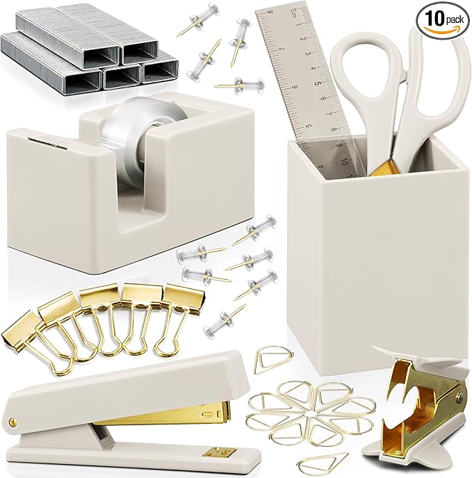 Aesthetic Desk Accessories Set - A Complete Desktop Organizer Set For Women Enhances Any Office Decor - An Office Supplies Kit w Gold Finish incl. Pen Holder, Scissors, Stapler, Tape Dispenser & More