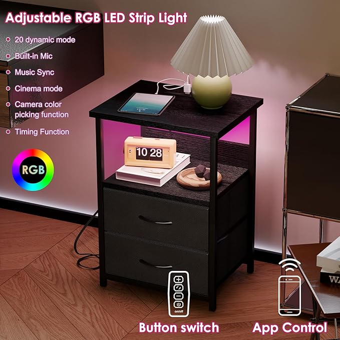 Fixwal Night Stand with Charging Station, LED Nightstand with U-S-B Ports and Outlets for Small Spaces, 2 Fabric Storage Drawers, Bedside Table End Tables Bedroom, Modern Black
