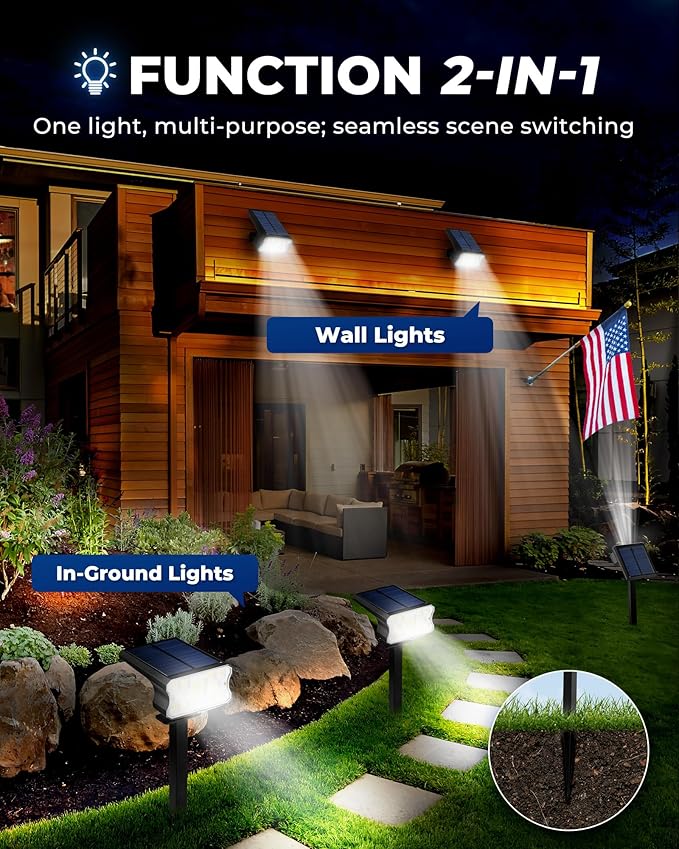 Solar Lights Outdoor Waterproof IP67, 4 Pack 60 LED Solar Spot Lights with 3 Lighting Modes, 2-in-1 Auto On/Off Cool White Solar Outdoor Lights for Yard Garden Pathway Landscape