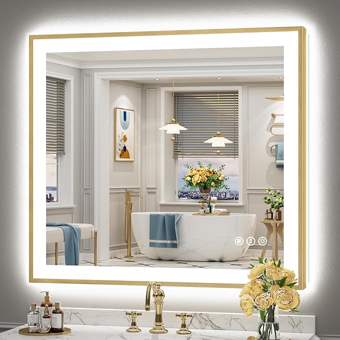40x36 Gold LED Bathroom Mirror with Lights, Brushed Gold Framed Backlit and Front Lit Anti-Fog Lighted Vanity Mirrors for Bathroom Wall, Dimmable, 3 Colors, Memory, HD Tempered Glass, CRI＞90