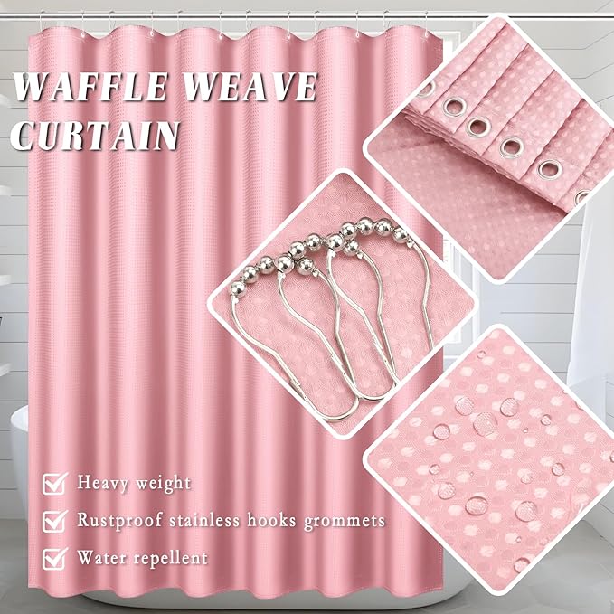 XLHOMO Bathroom Set with Shower Curtain and Rugs- 25PC Pink Bathroom Accessories, Shower Curtain Set, Toilet Brush, Trash Can, Qtip Holder & Soap Dispenser