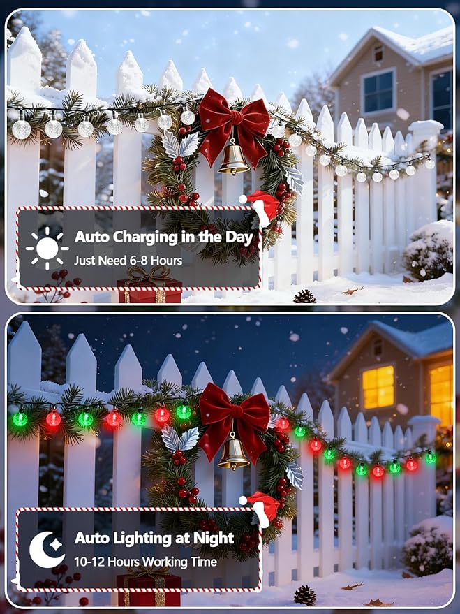 2-Pack 100 LED Red and Green Solar String Lights Outdoor - 64FT Crystal Globe Waterproof Solar Lights for Outside with 8 Lighting Modes for Patio Decorations, Garden, Wedding, Party, Porch, Tree