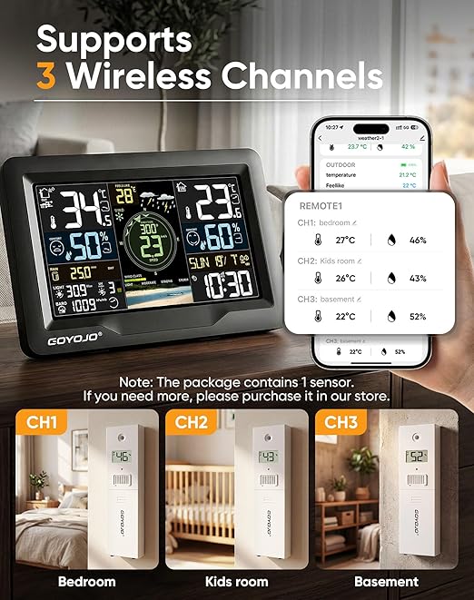 WiFi Weather Station with 7-in-1 Outdoor Sensor, Large Full-Color LCD, Indoor Outdoor Temperature & Humidity, Wind Speed/Direction, Rainfall, UV Index, Barometric Pressure, 433MHz, 300ft Range, App