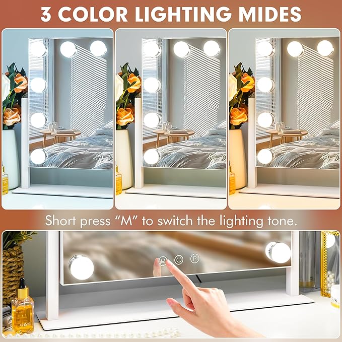Kottova Vanity Mirror with Lights,15.7"x11.8"LED Makeup Mirror, Lighted Makeup Mirror with 10X Spot Mirror,Smart Touch 3 Colors Dimmable,360° Rotation,for Vanity Desk Tabletop,Plug in(White)
